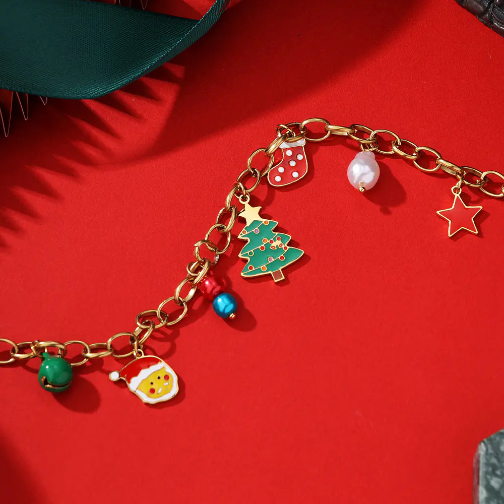 Vintage Stainless Steel Christmas Enamel Necklace