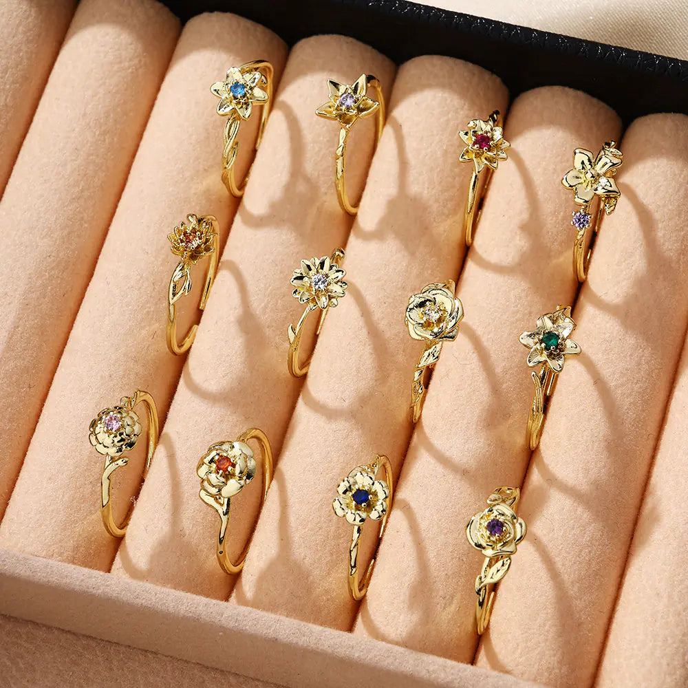 Adjustable Various Flower Design Brass Rings