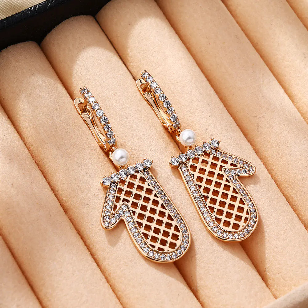 Grid Pearls Inlaid Diamonds Christmas Earrings
