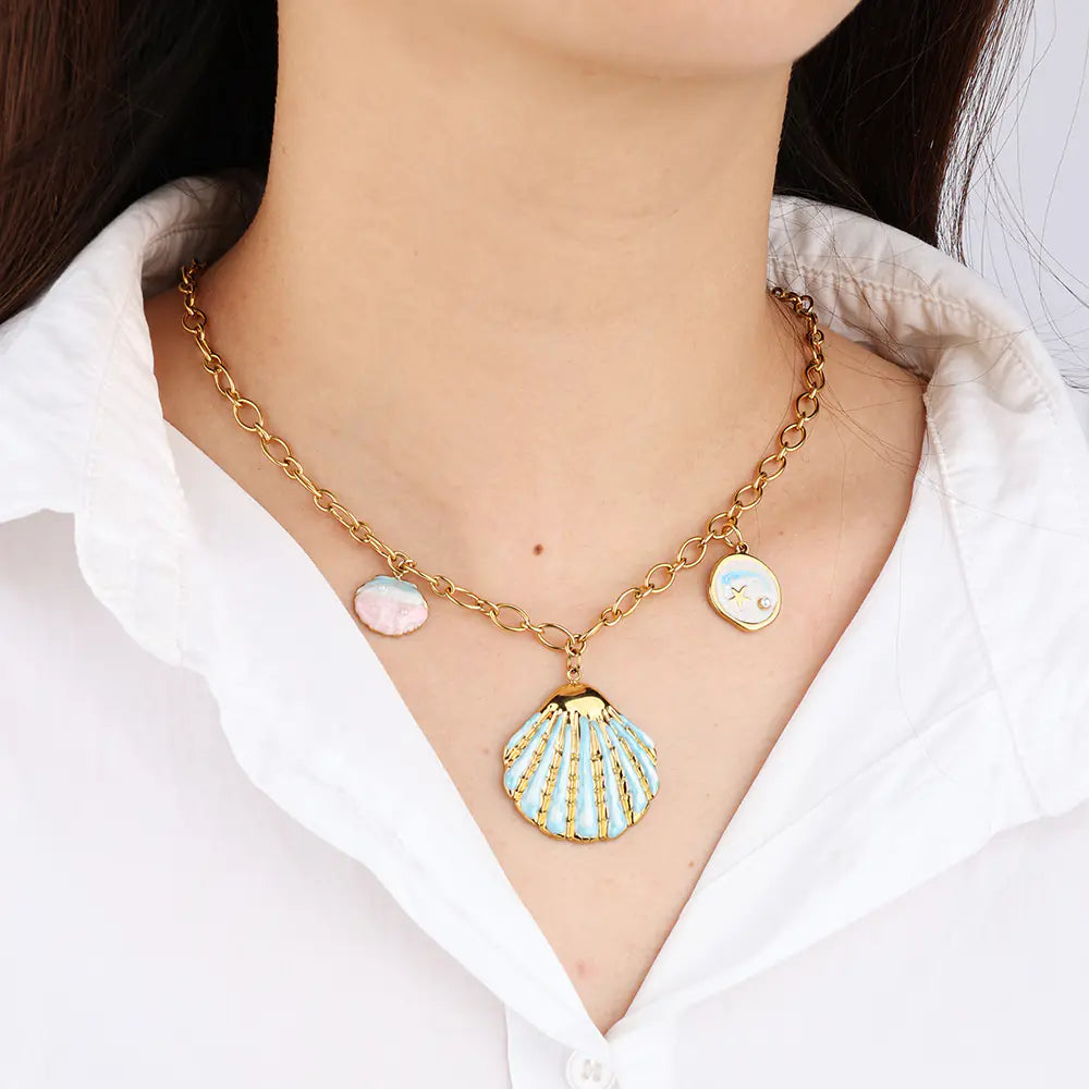 Stainless Steel Green Shell Ocean Series Design Necklace