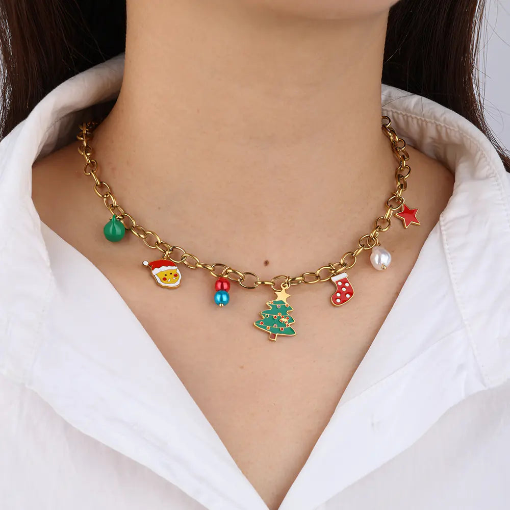 Vintage Stainless Steel Christmas Enamel Necklace