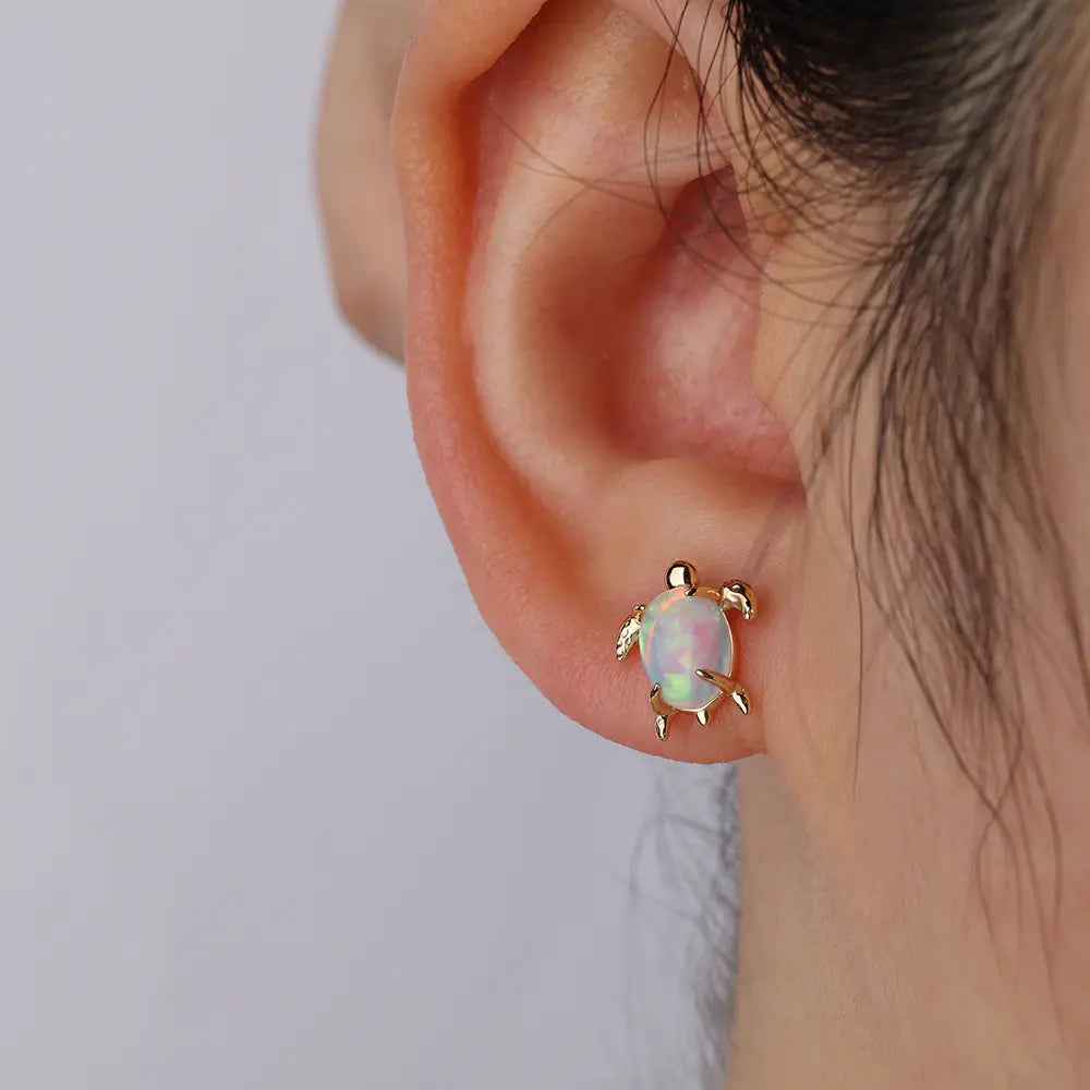 925 Sterling Silver Geometric Turtle Opal Earring