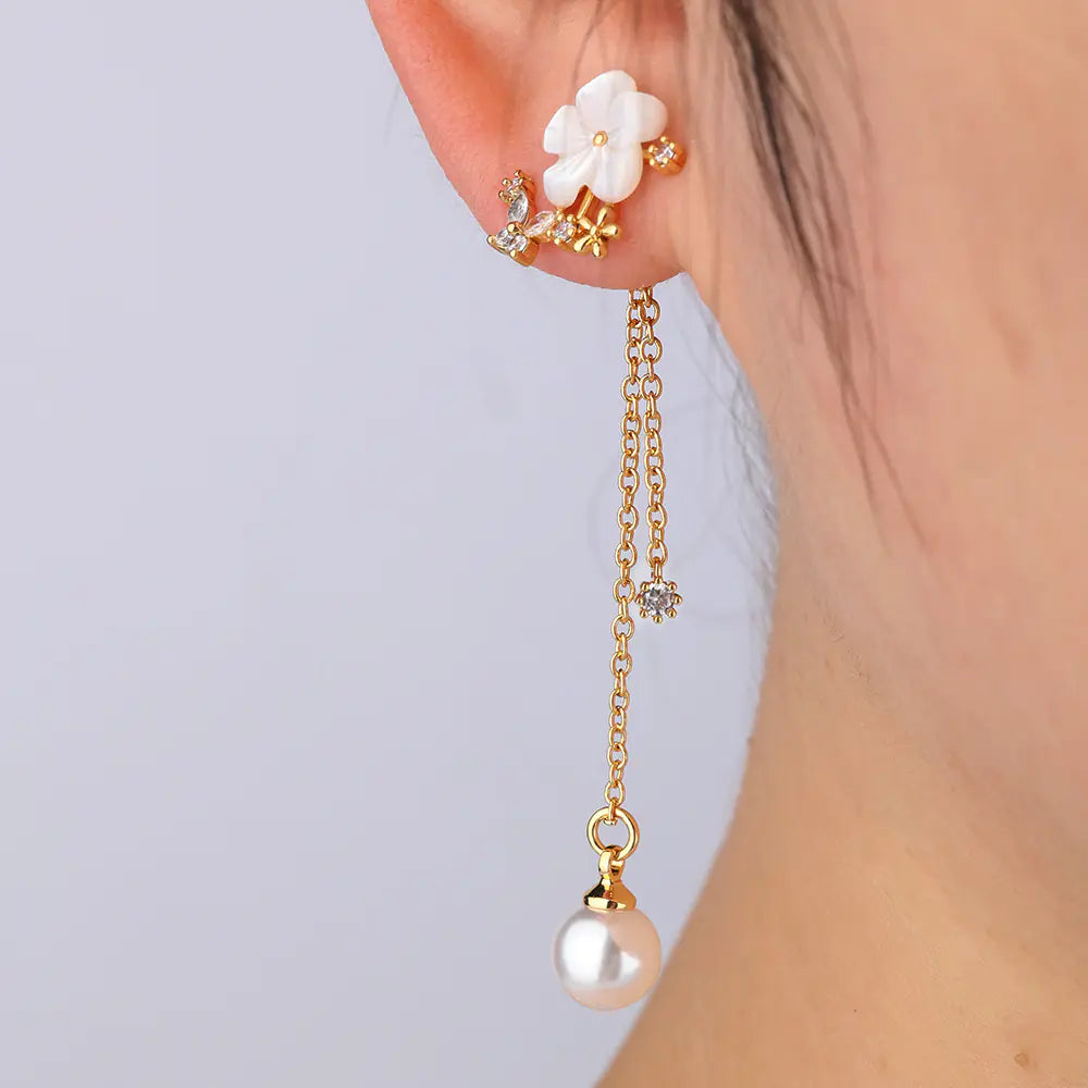 Brass Pearl Flower Stud Earrings