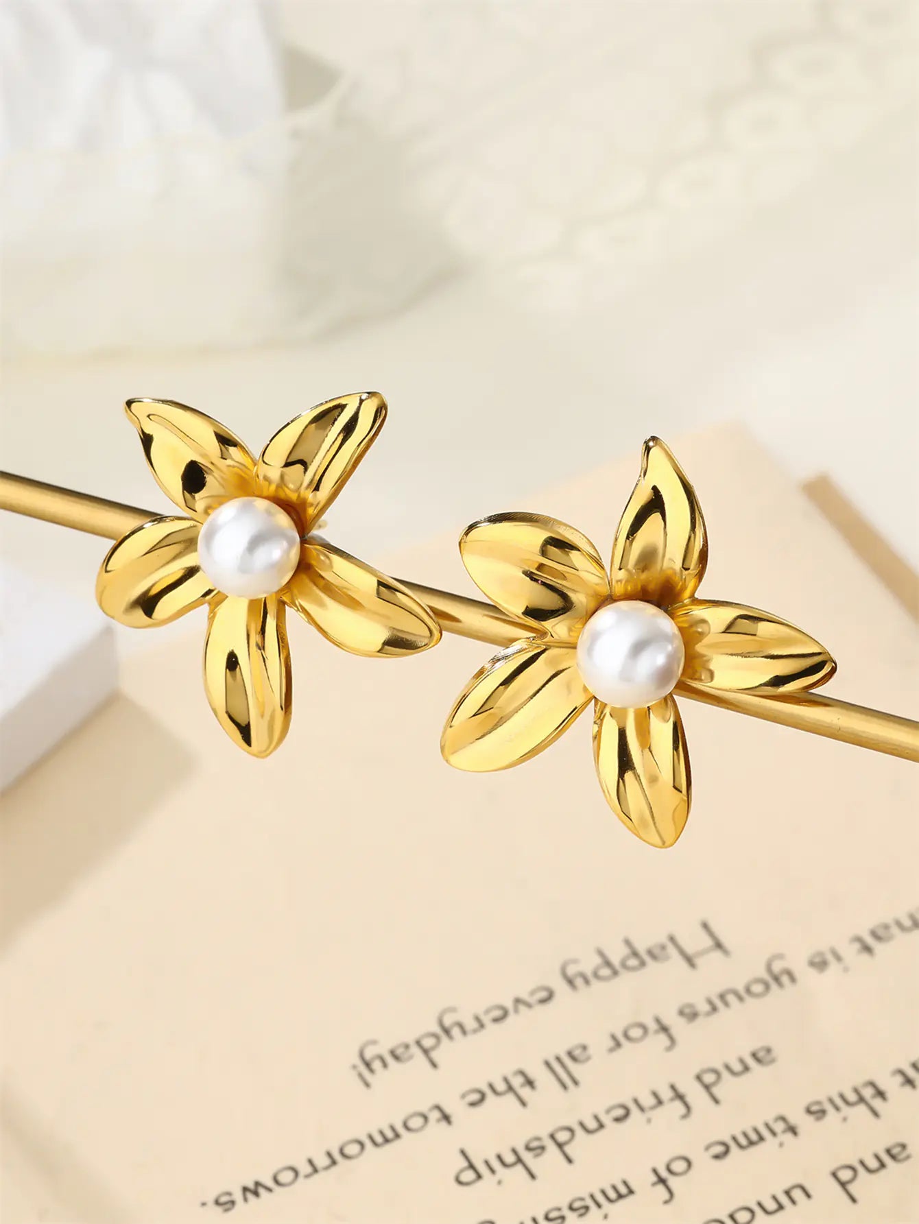 Waterproof Chunky Studs Flower Gold Earrings