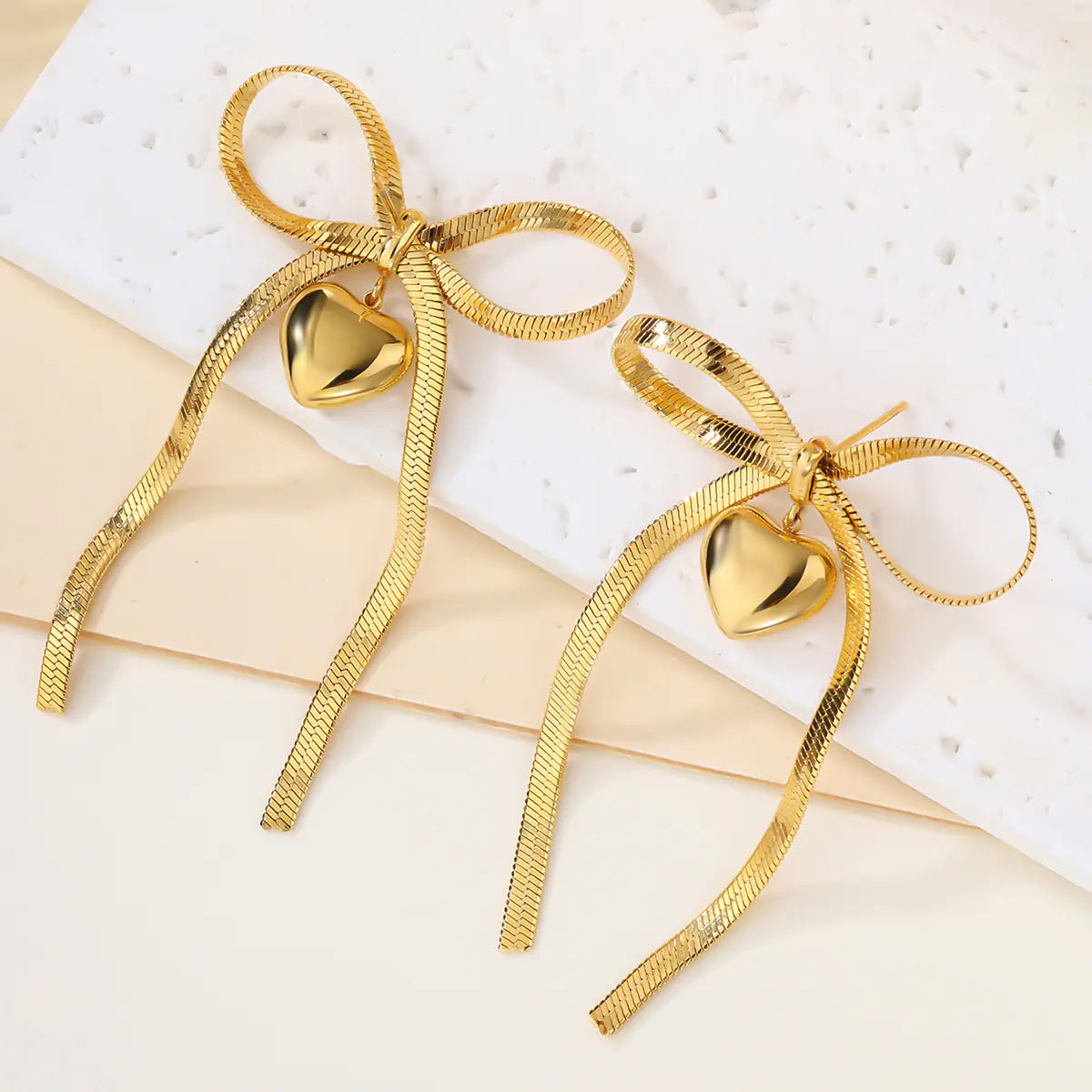 Trendy Stainless Steel Snake Chain Bow Heart Earrings