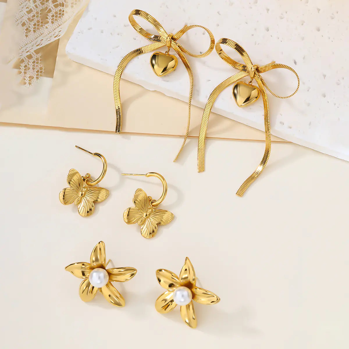 Trendy Stainless Steel Snake Chain Bow Heart Earrings