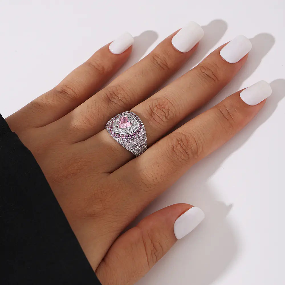 New Fashion Brass Clear Pink CZ Heart Ring