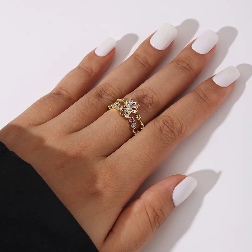 Colored CZ Flower Brass Opening Rings