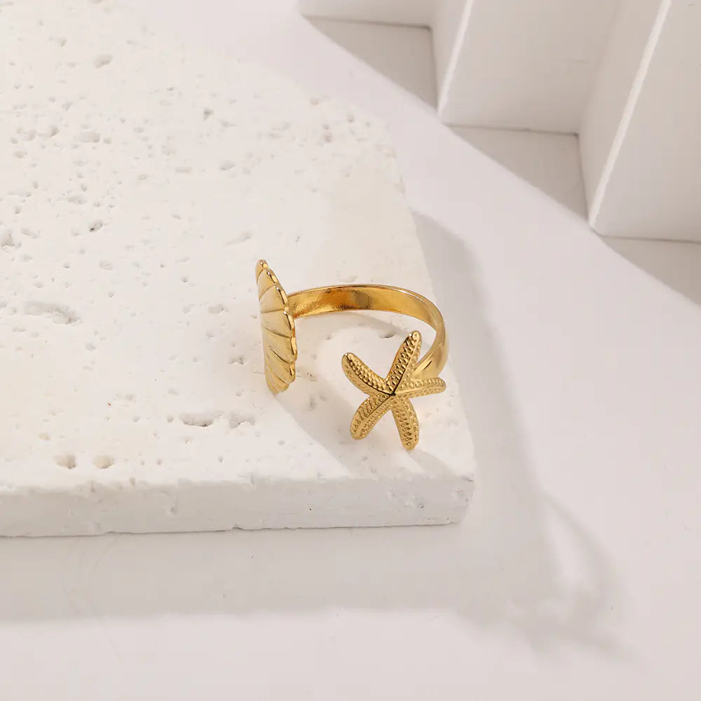 Stainless Steel Marine Threaded Shell Starfish Open Ring