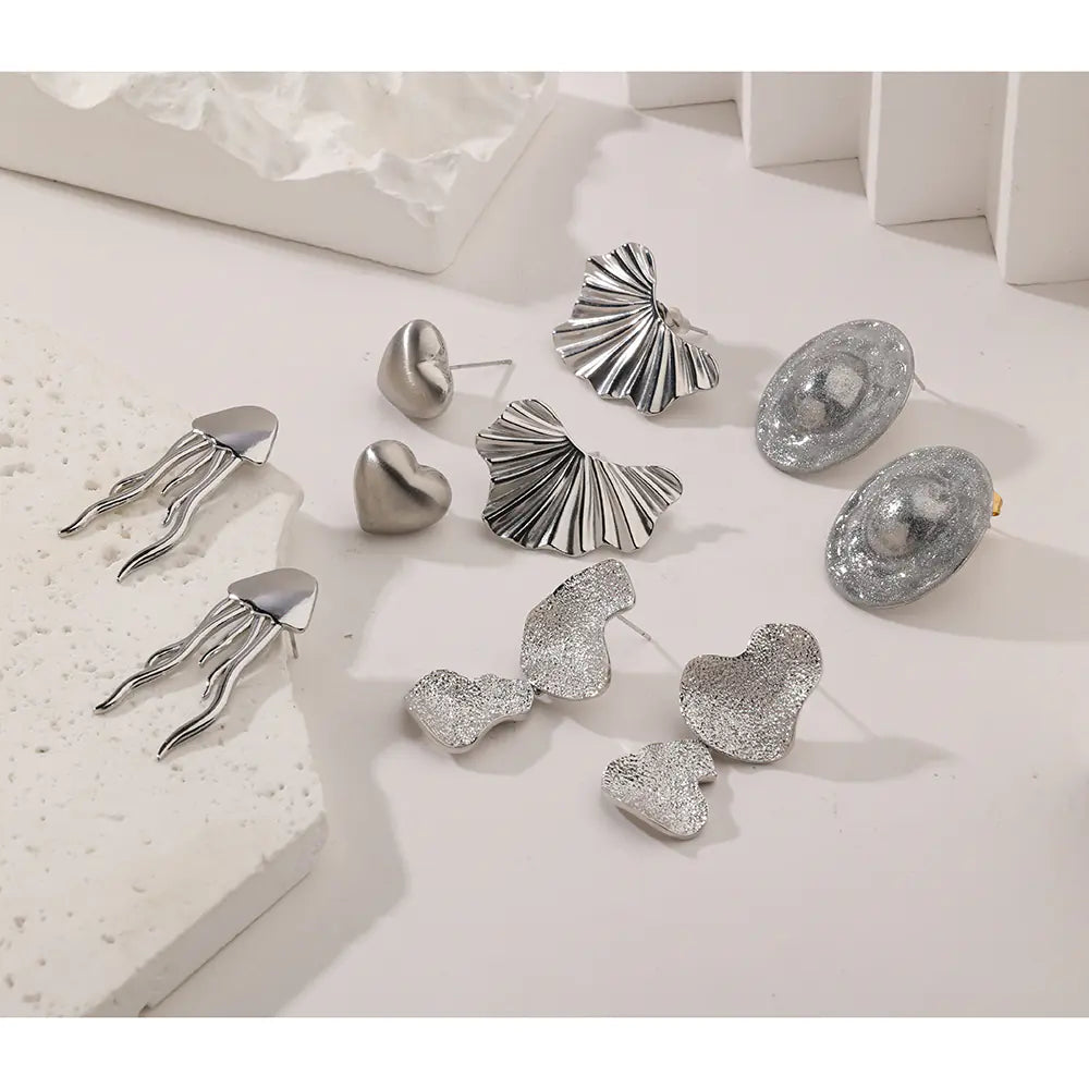 Stainless Steel White Gold Unique Stone Shape Earrings