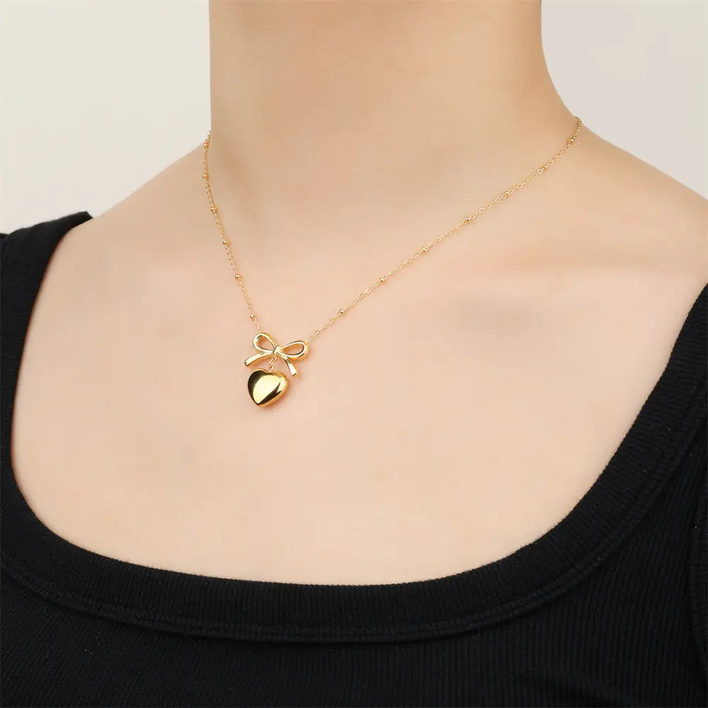 Stainless Steel Non Tarnish Bow Heart Design Necklace