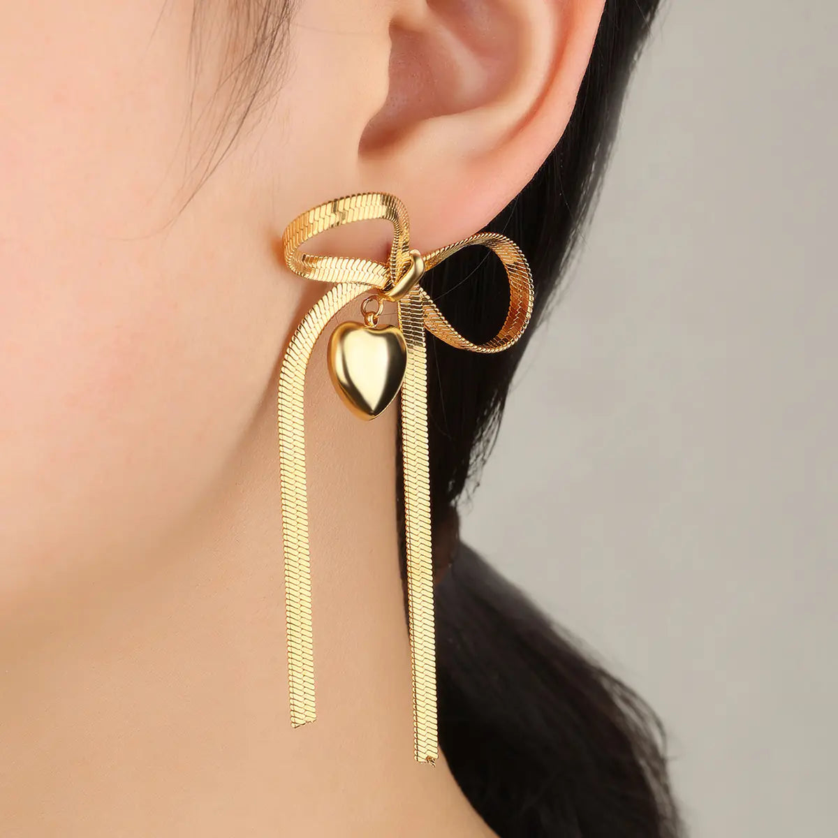 Trendy Stainless Steel Snake Chain Bow Heart Earrings