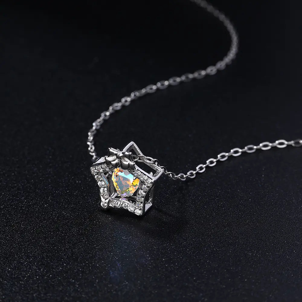 S925 Silver Colorful Heart Bow Star Necklace