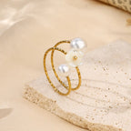 Classical Stainless Steel Shell Flower Pearl Open Ring