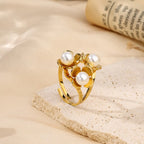 Gold Plated Stainless Steel Flower Pearl Open Ring