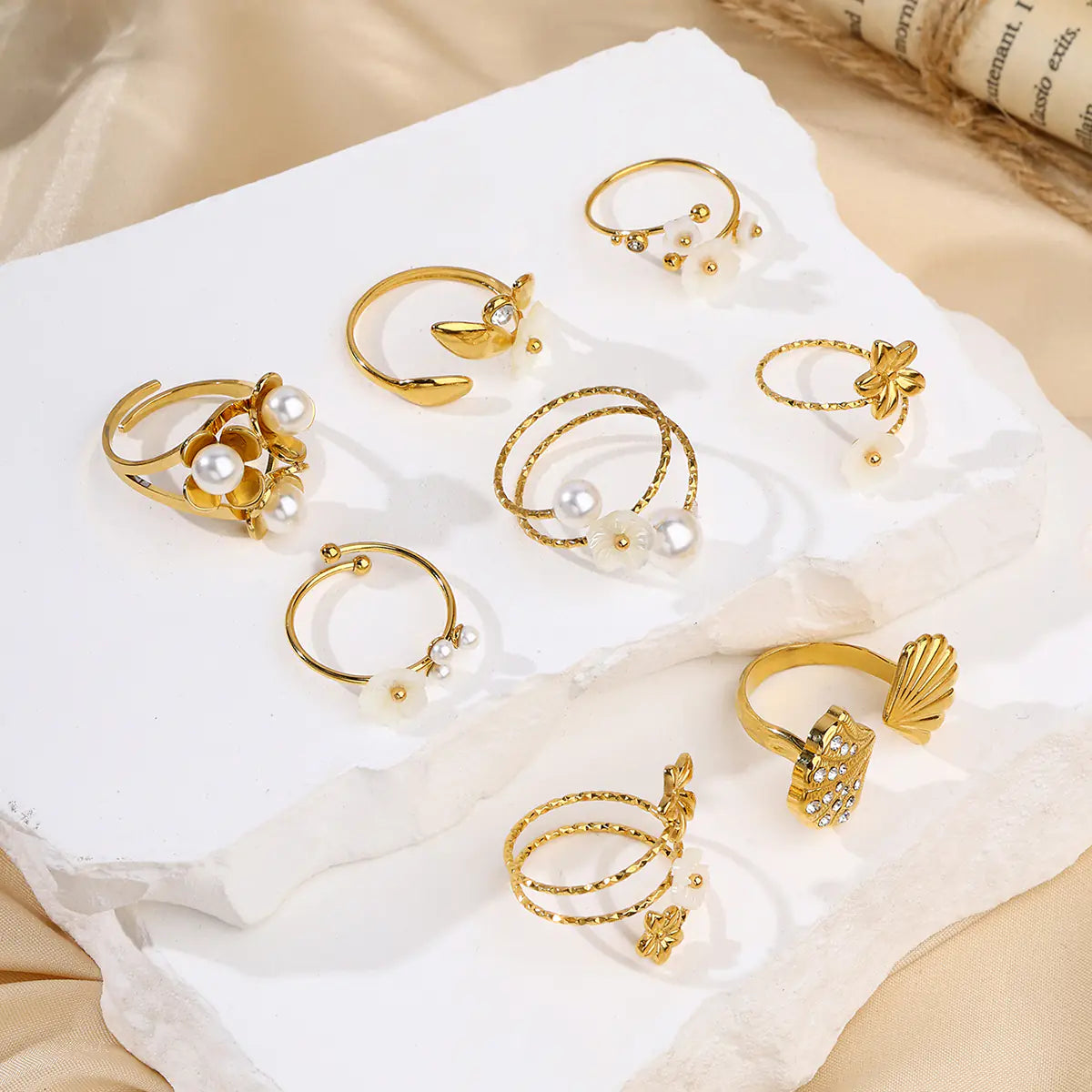 Classical Stainless Steel Shell Flower Pearl Open Ring