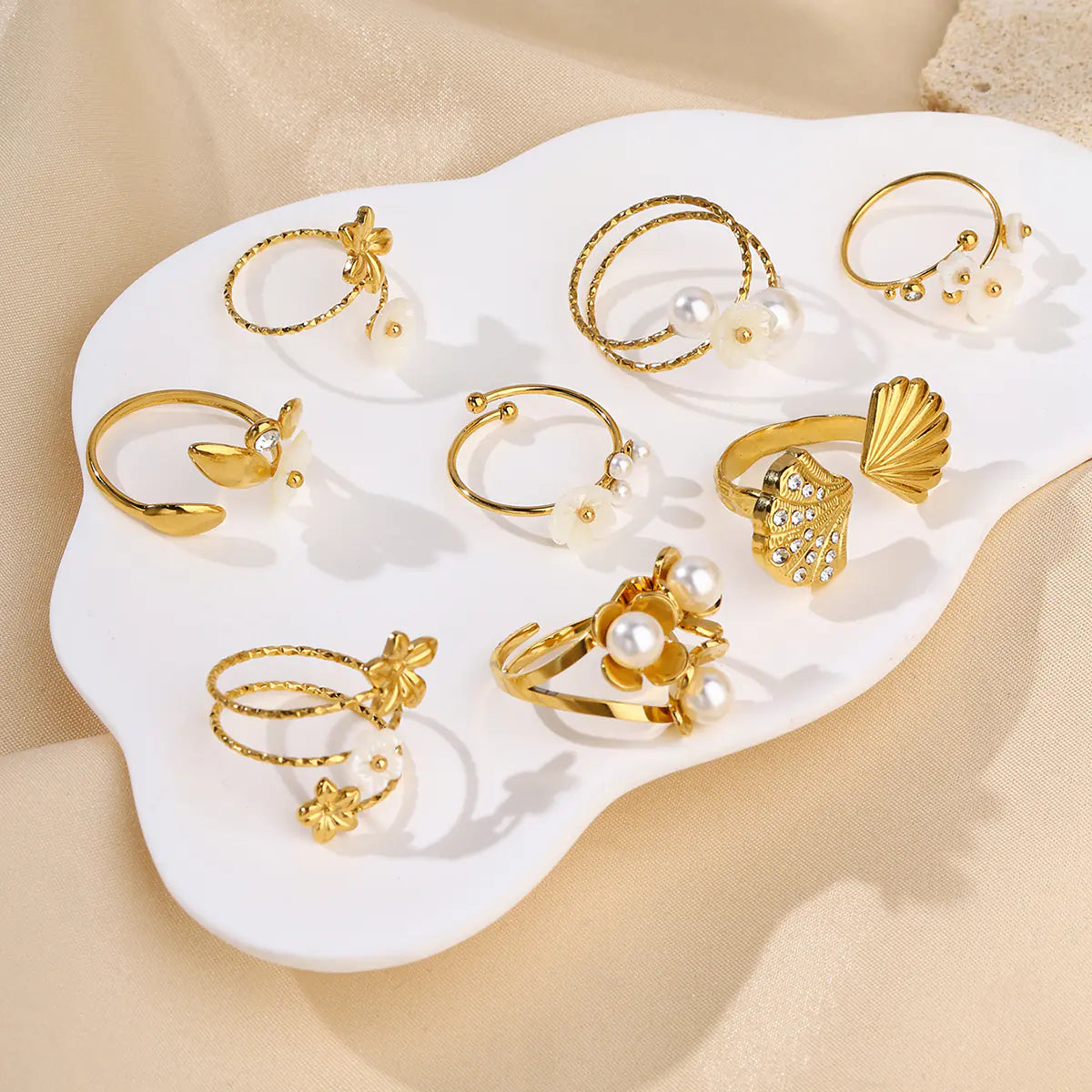 Gold Plated Stainless Steel Flower Pearl Open Ring
