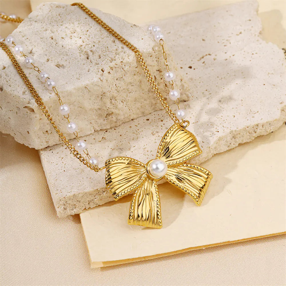 Stainless Steel Glossy Bow Design Necklace