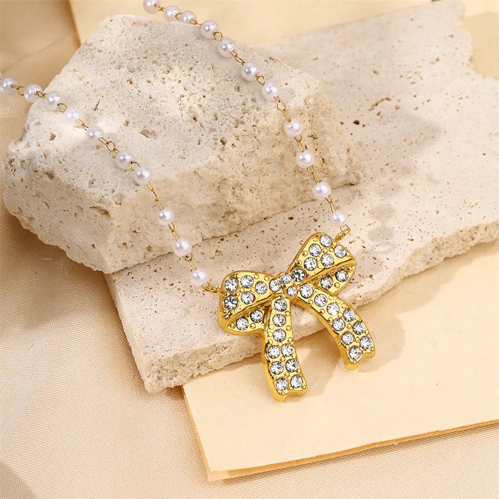 Stainless Steel White Rhinestones Bow Design Necklace