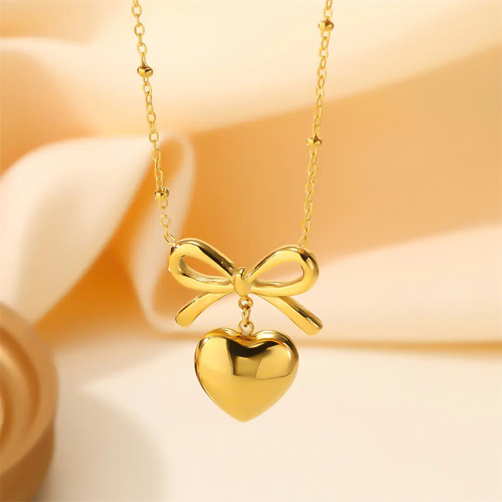 Stainless Steel Non Tarnish Bow Heart Design Necklace