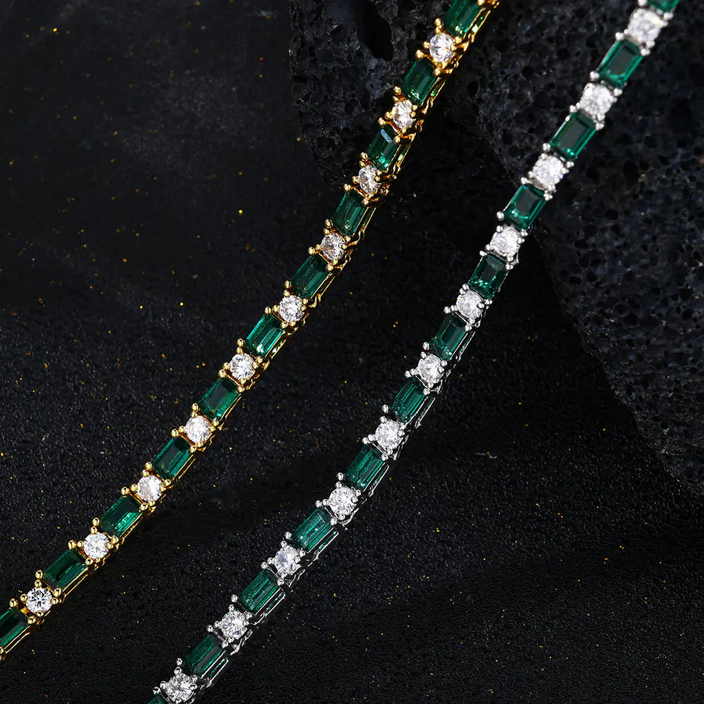 Green rectangular round cz alternating tennis chain