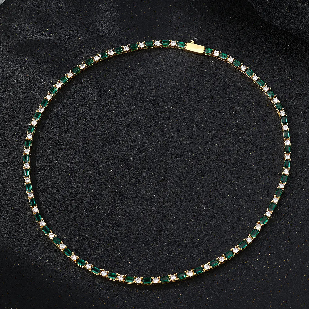 Green rectangular round cz alternating tennis chain