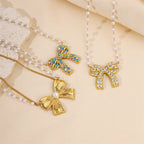 Stainless Steel White Rhinestones Bow Design Necklace