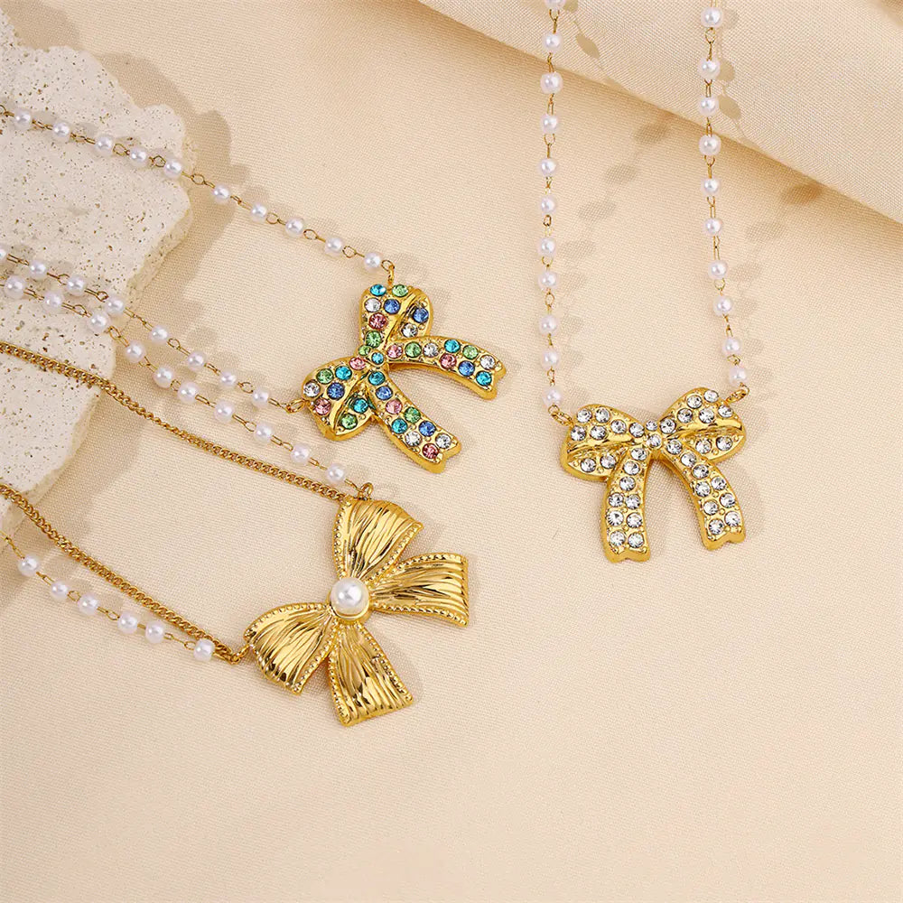 Stainless Steel Glossy Bow Design Necklace