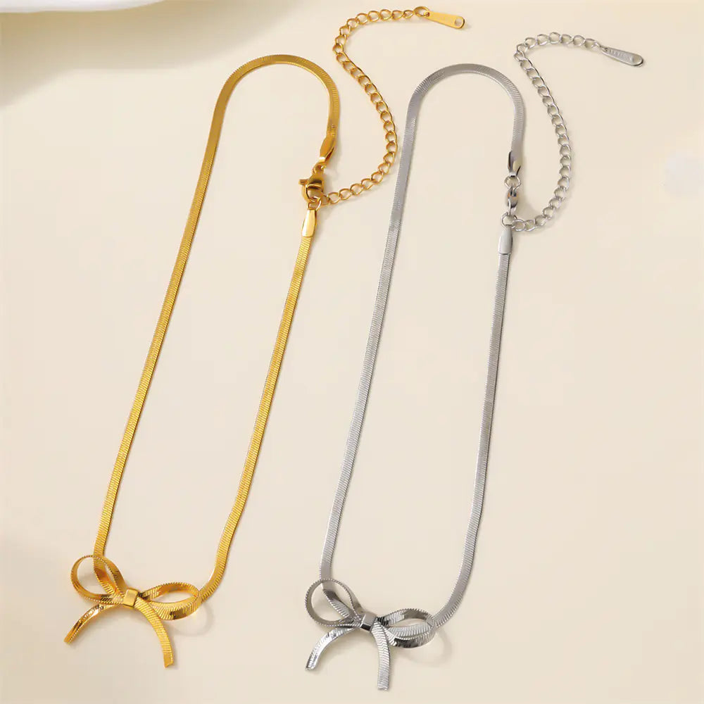 Stainless Steel Blade Chain Silver and Gold Bow Necklace