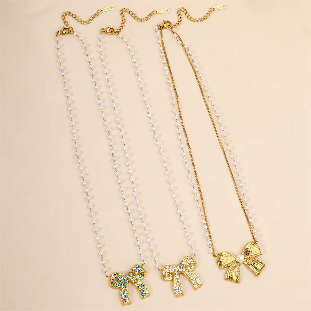 Stainless Steel Colored Rhinestones Bow Design Necklace