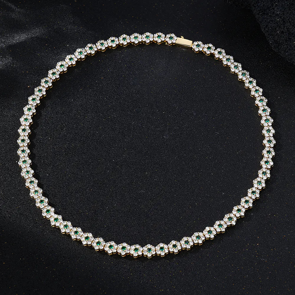 Green Round CZ Flower Tennis Necklace