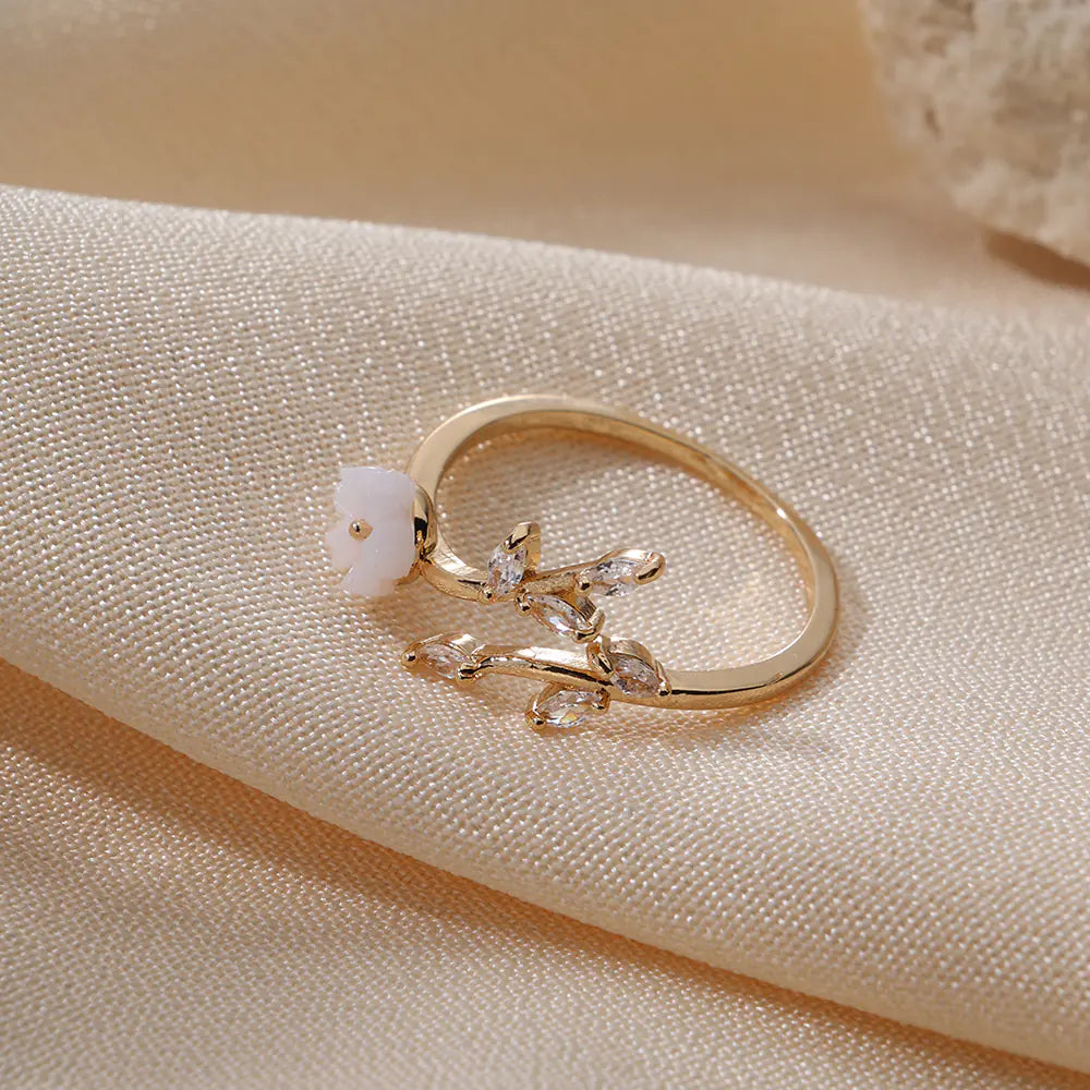 Vintage Brass Diamond White Flower Adjusable Ring
