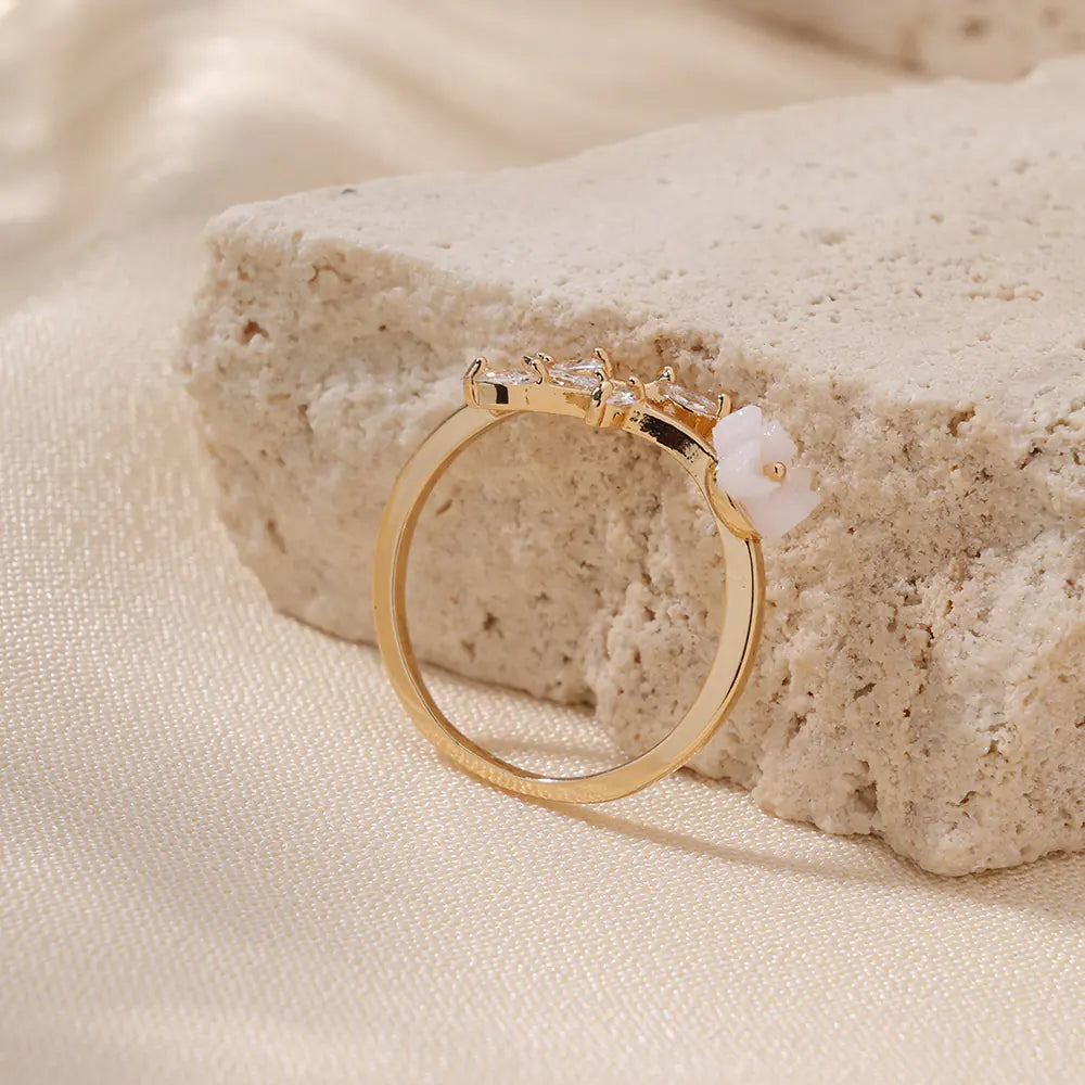 Vintage Brass Diamond White Flower Adjusable Ring