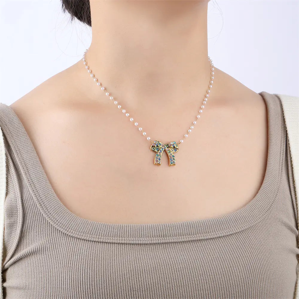 Stainless Steel Colored Rhinestones Bow Design Necklace
