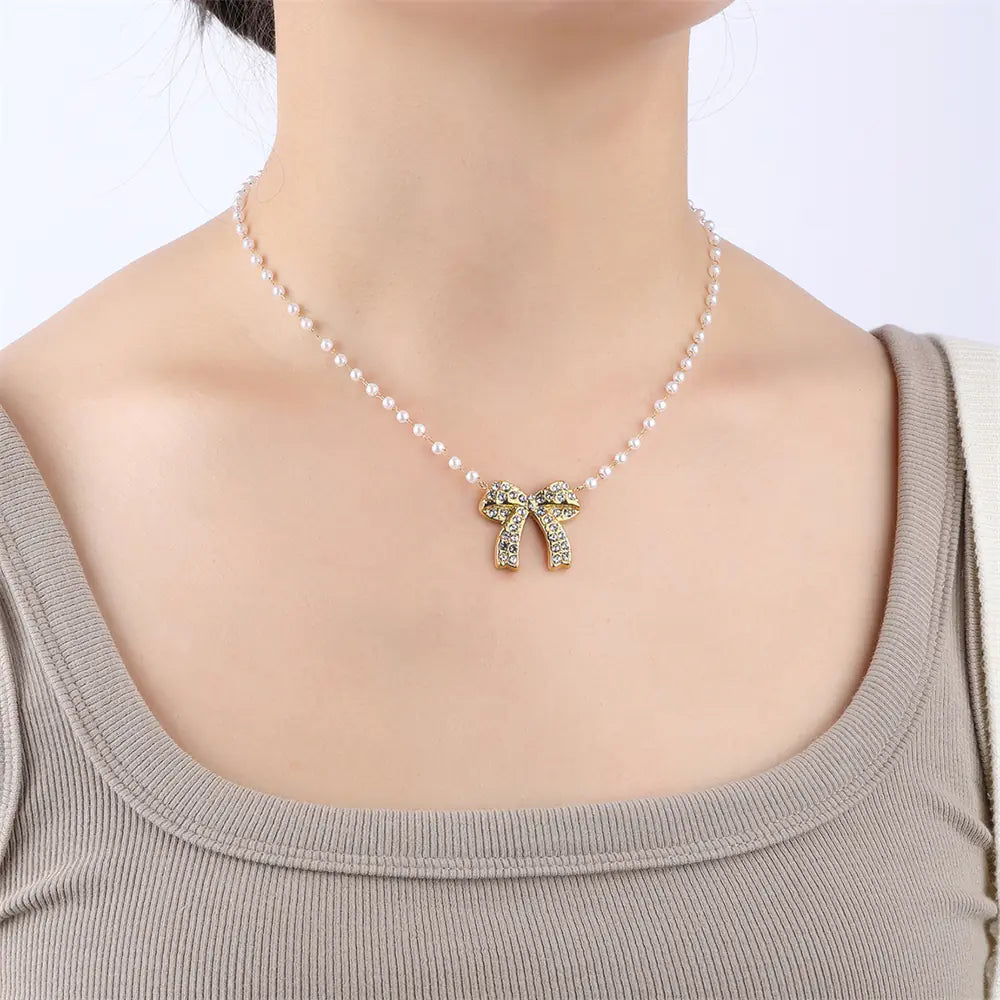 Stainless Steel White Rhinestones Bow Design Necklace