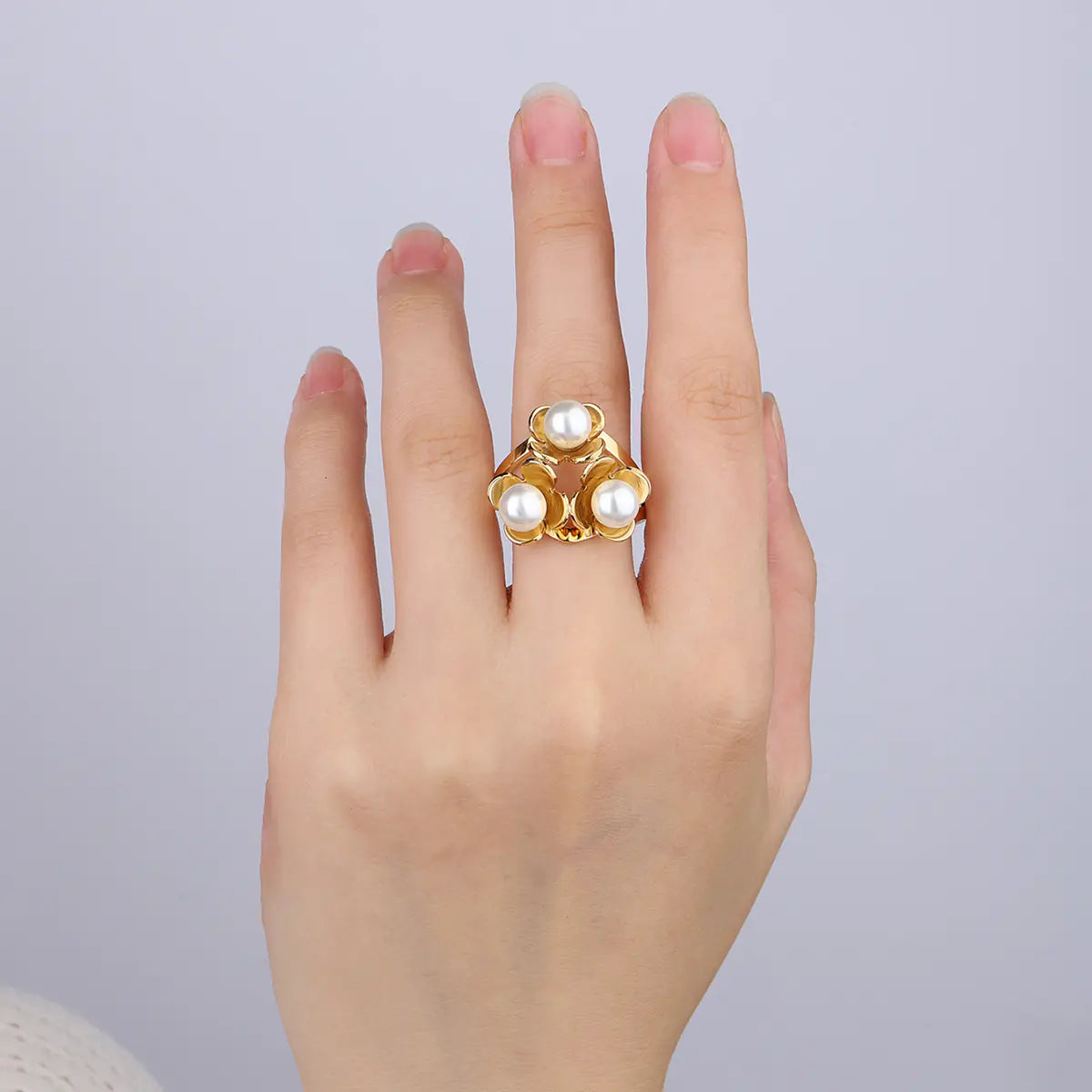 Gold Plated Stainless Steel Flower Pearl Open Ring