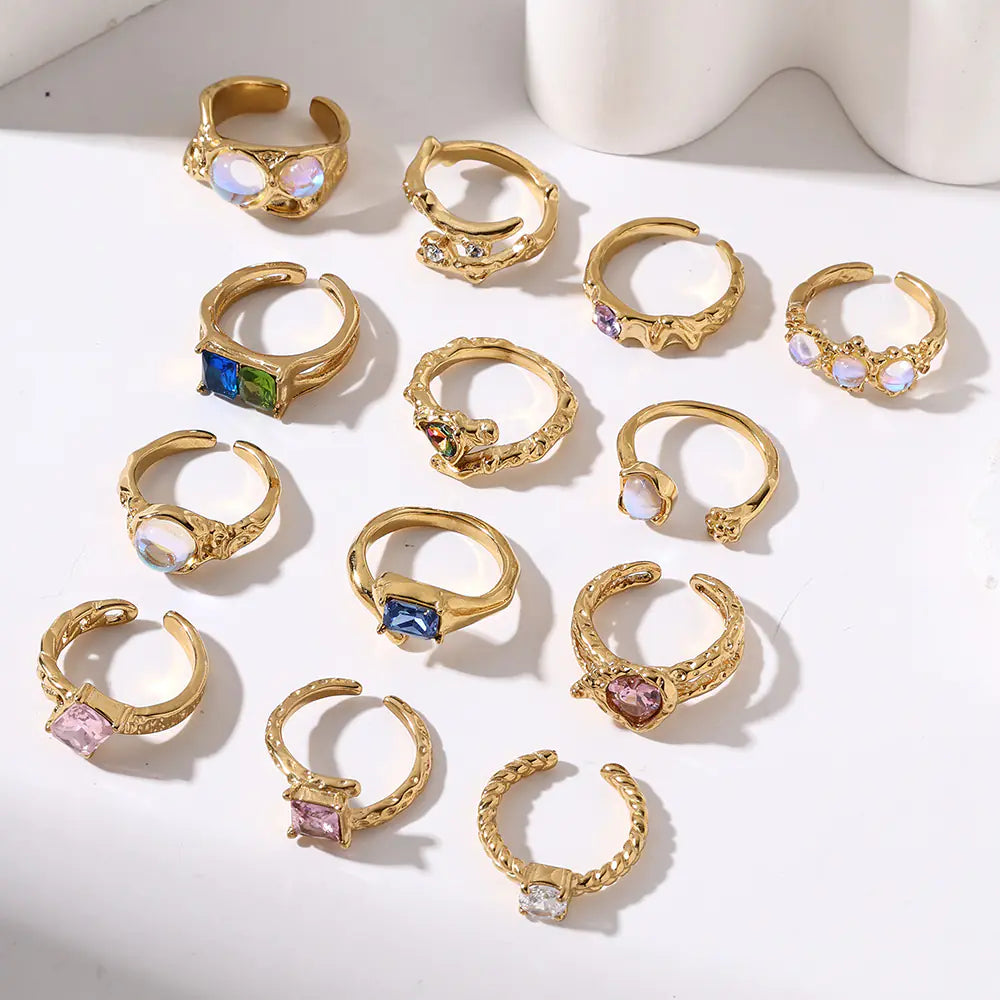 Stainless Steel Squere Pink Zircon Open Ring