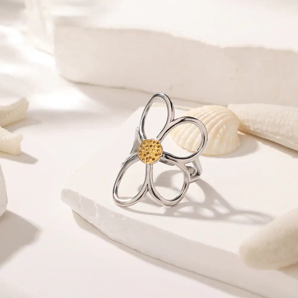Stainless Steel Hollow Flower Adjustable Ring