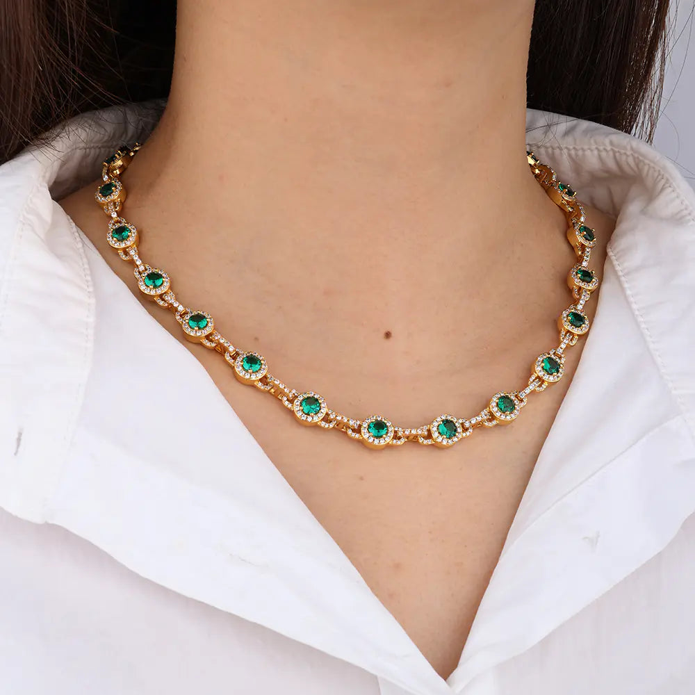 Trendy 9mm Brass Round Green CZ Chain Necklace