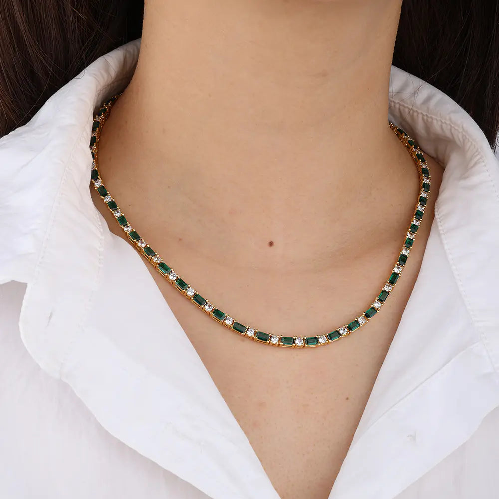 Green rectangular round cz alternating tennis chain