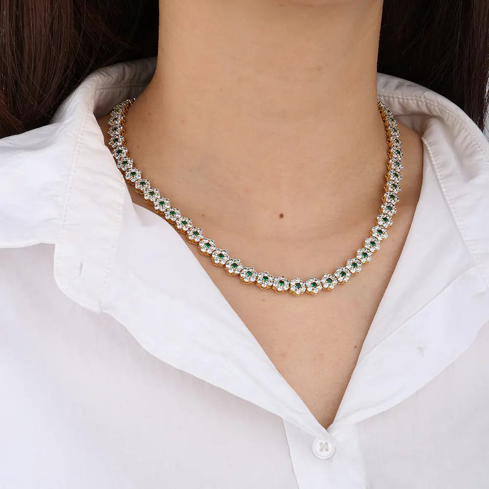 Green Round CZ Flower Tennis Necklace