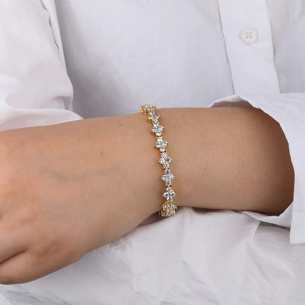 Hot 7.5mm Brass Iced CZ Flower Tennis Bracelet