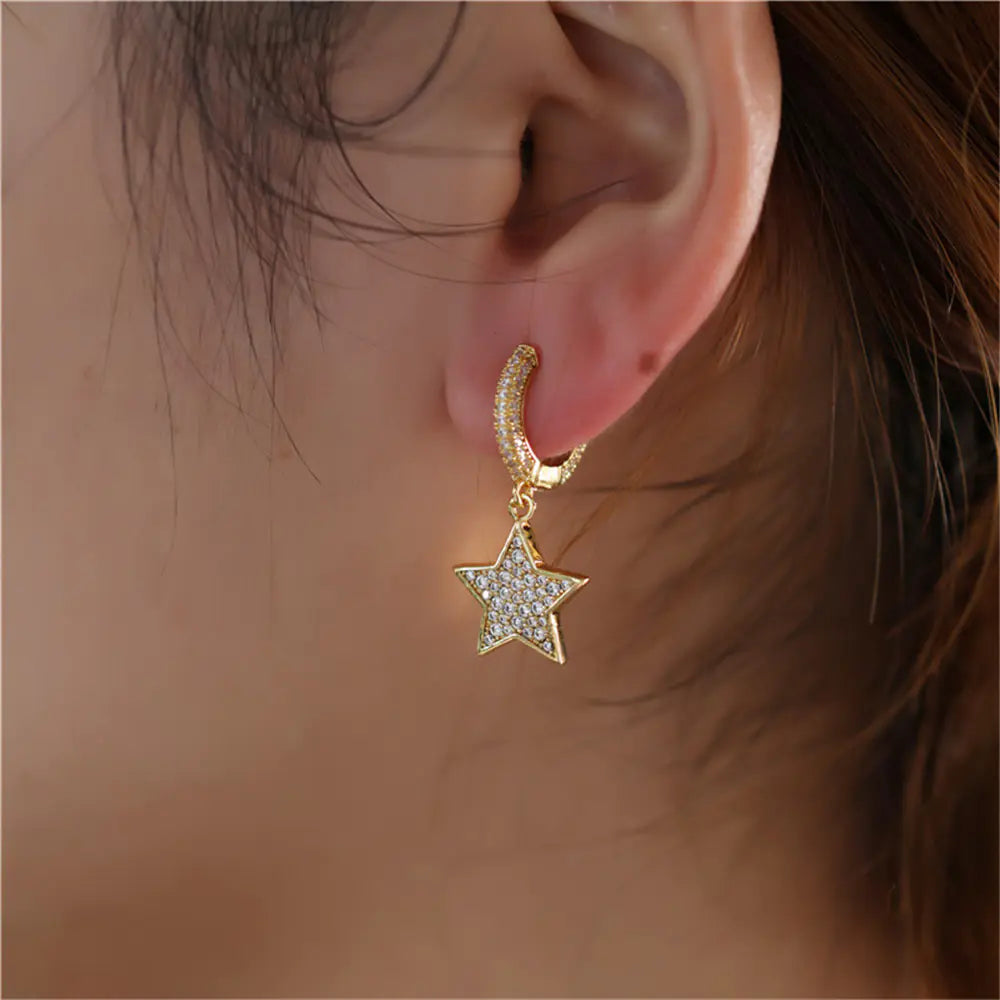 Brass Iced Out CZ Star Hoop Drop Earrings