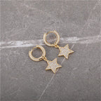 Brass Iced Out CZ Star Hoop Drop Earrings