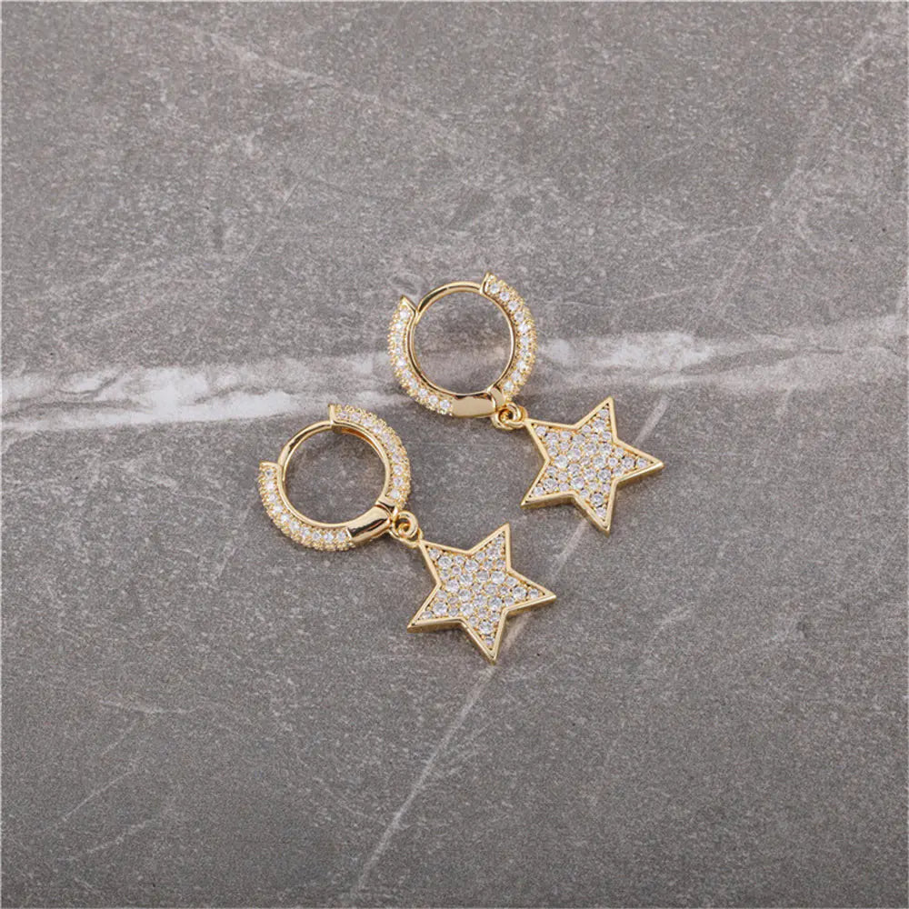 Brass Iced Out CZ Star Hoop Drop Earrings