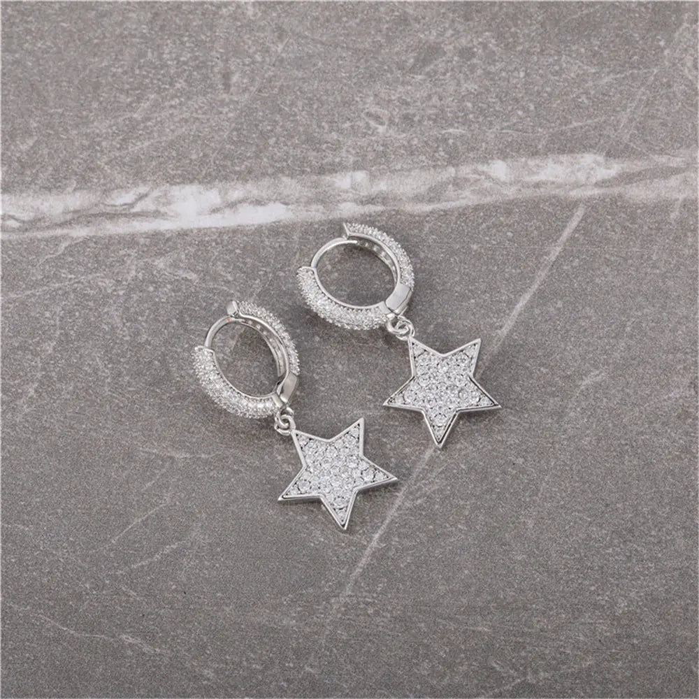 Brass Iced Out CZ Star Hoop Drop Earrings