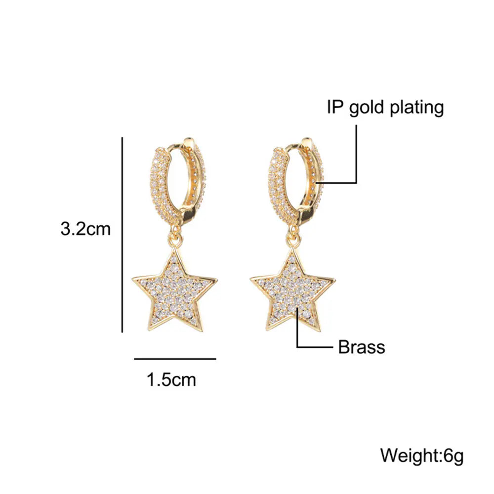 Brass Iced Out CZ Star Hoop Drop Earrings