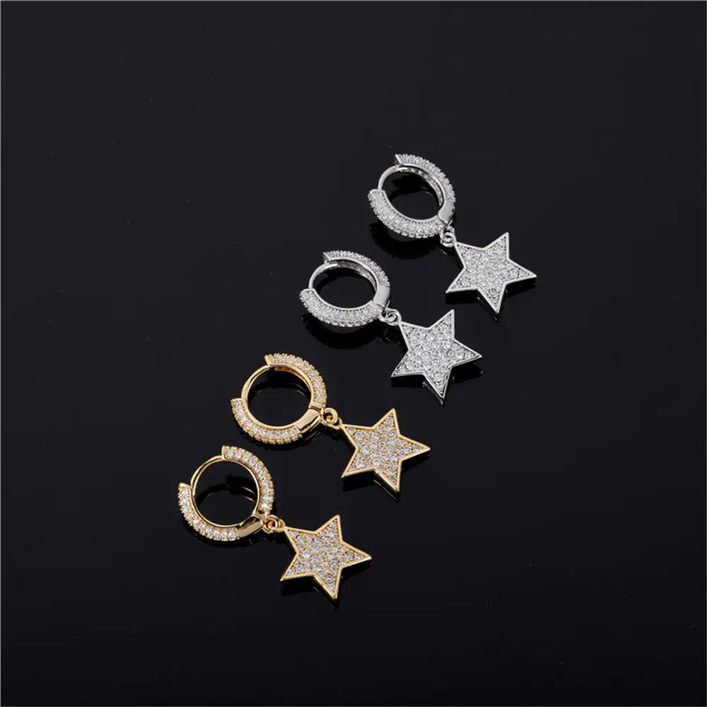 Brass Iced Out CZ Star Hoop Drop Earrings