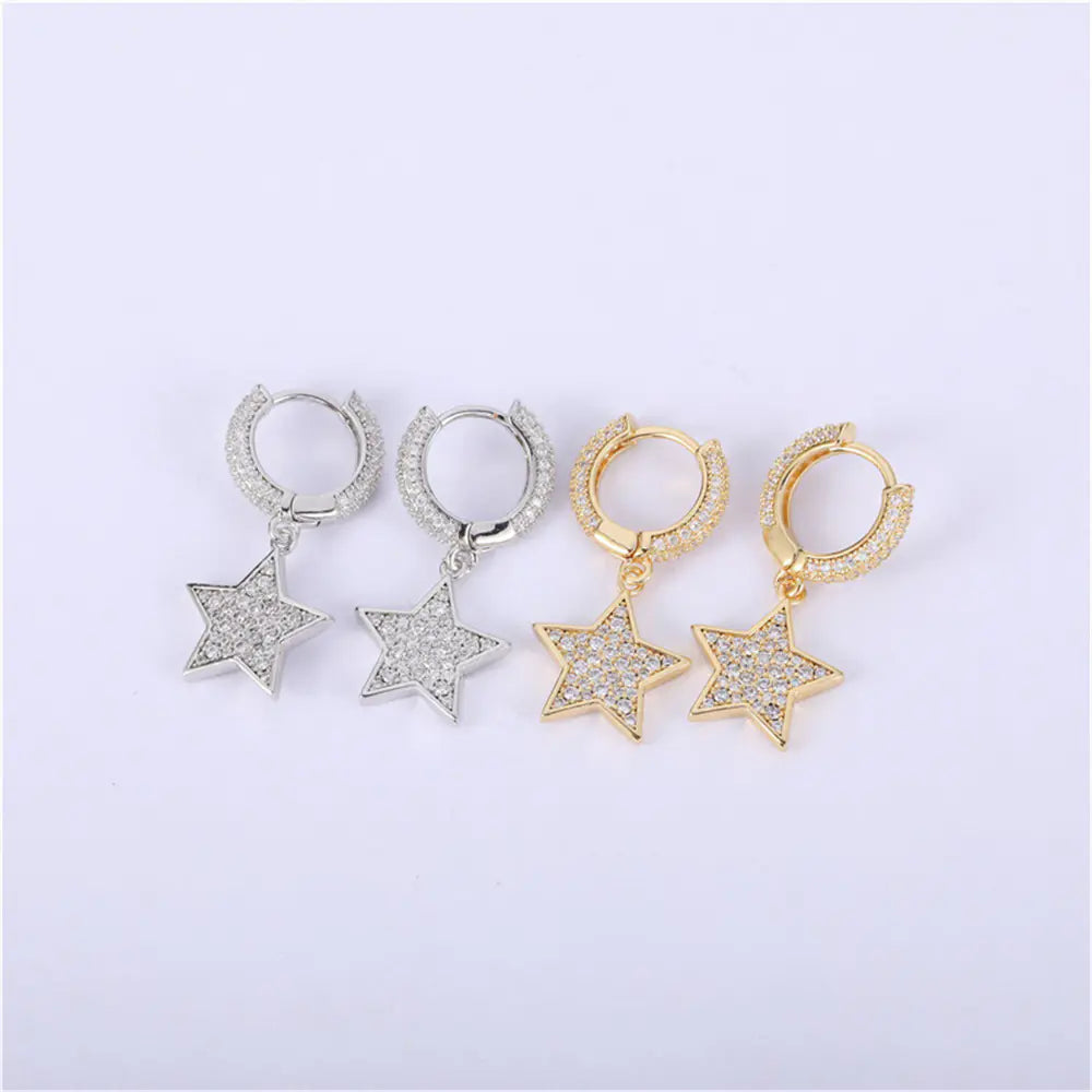 Brass Iced Out CZ Star Hoop Drop Earrings