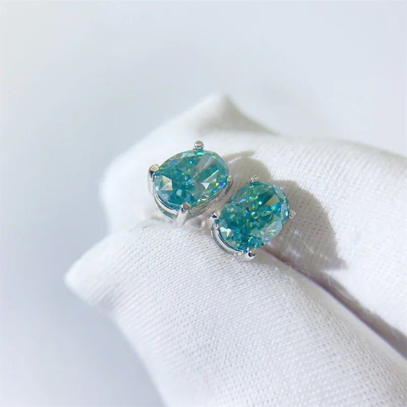 Irregular Blue-Green Oval Moissanite 925 Sterling Silver Earrings
